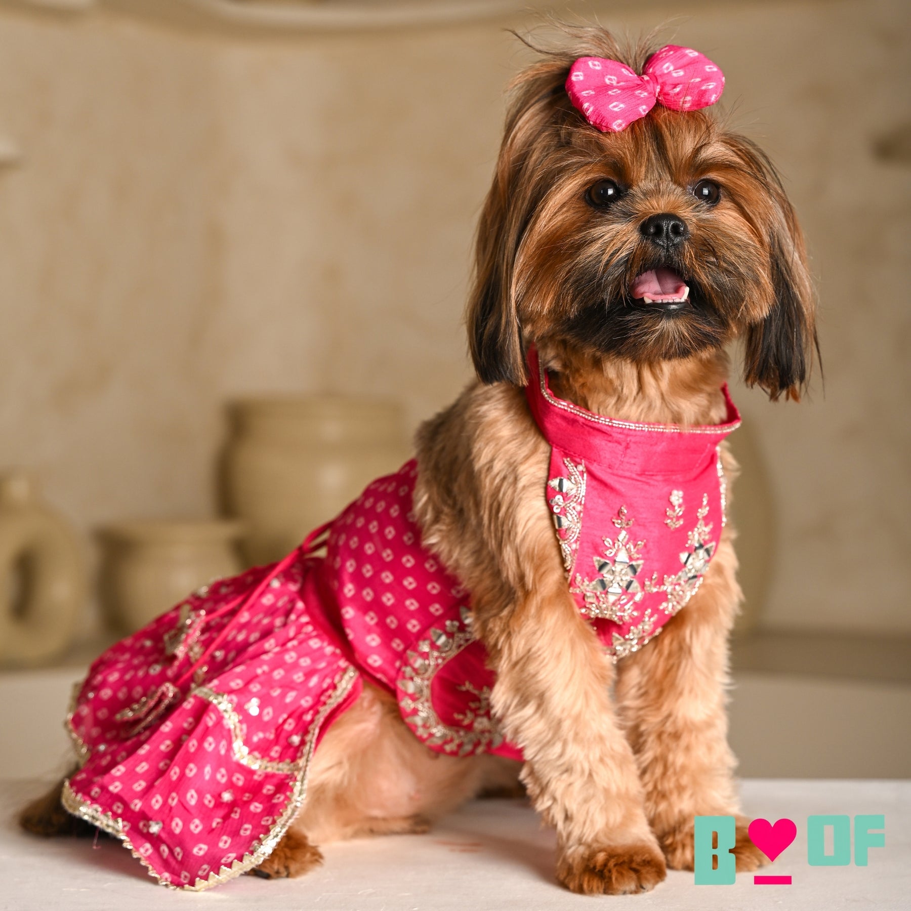 PINK BANDHANI SILVER EMBELLISHED LEHENGA FOR DOGS AND CATS