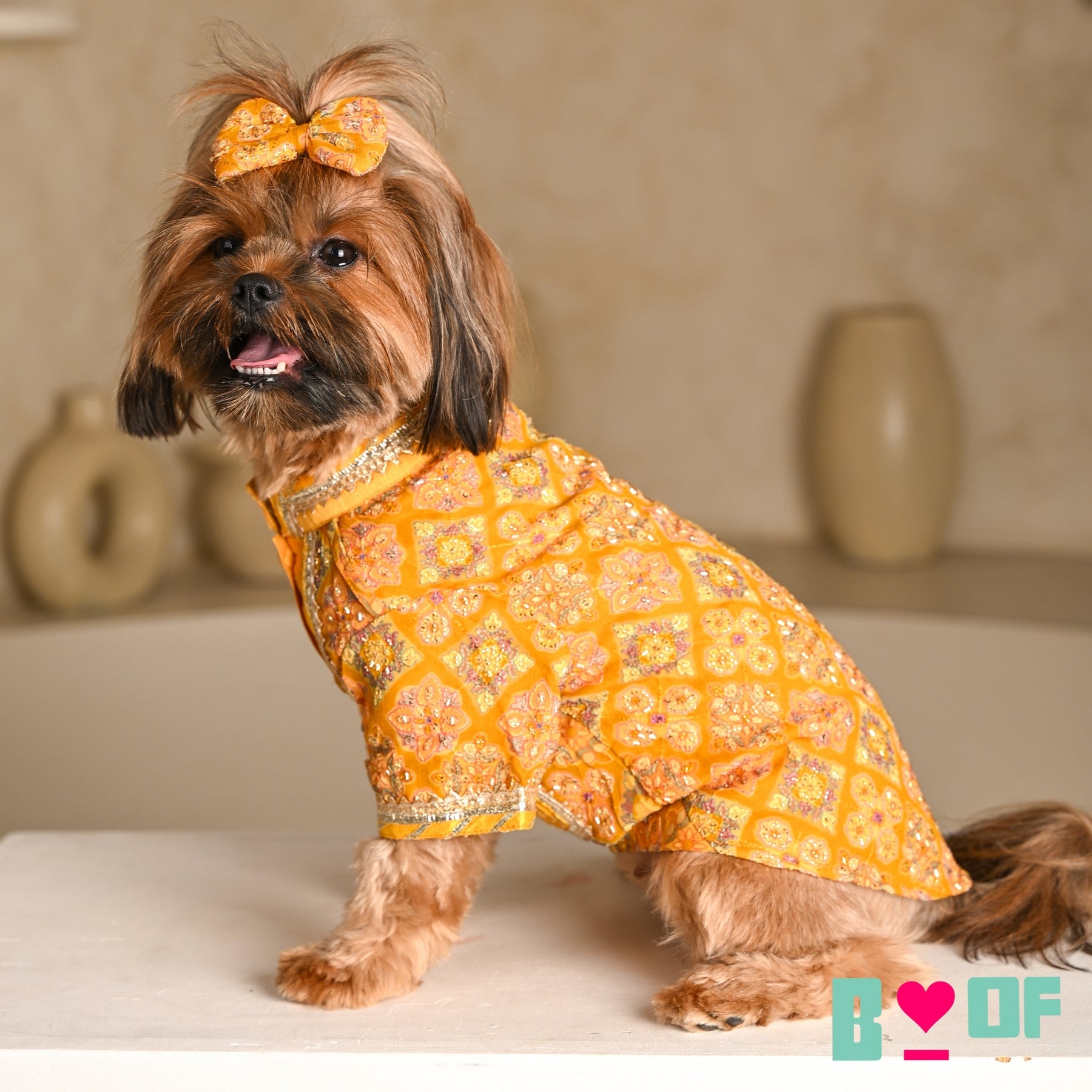 MUSTARD YELLOW PATIALA MOTIF DOG KURTA