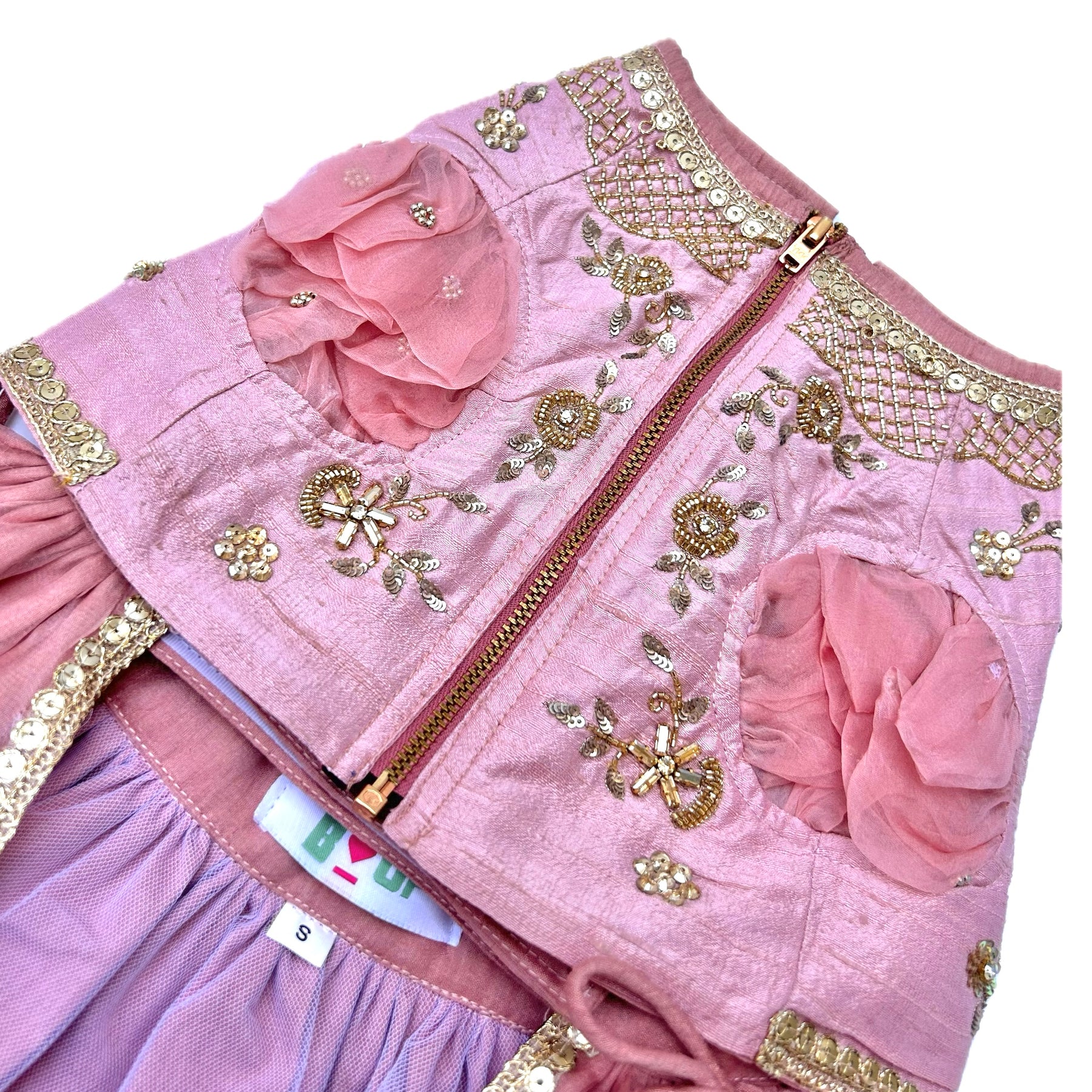 BLUSH PINK HAND EMBROIDERED GOLD FLOWERS DOG LEHENGA