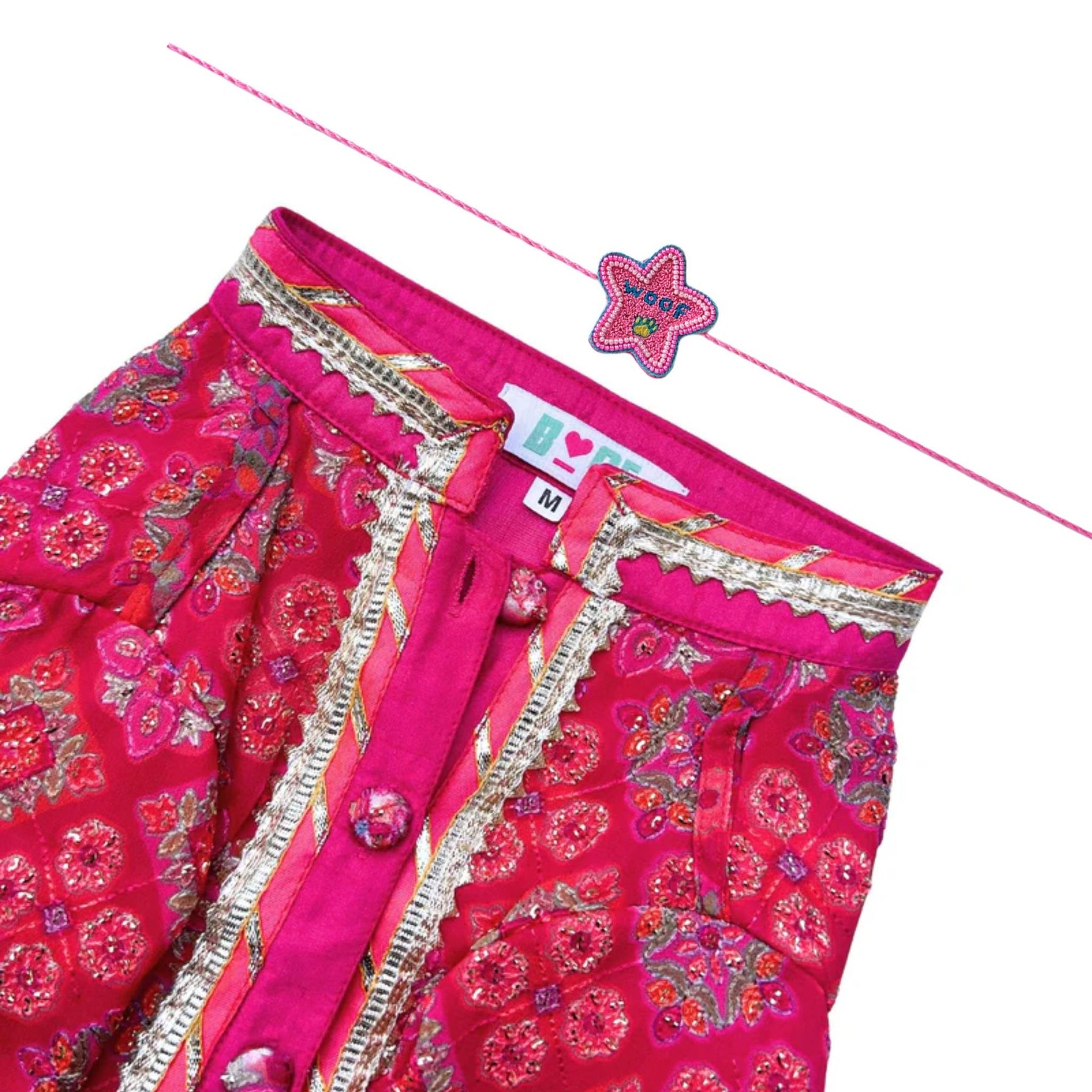 MAGENTA PINK PATIALA MOTIF DOG KURTA + WOOF PAW RAKHI FOR DOG AND CATS