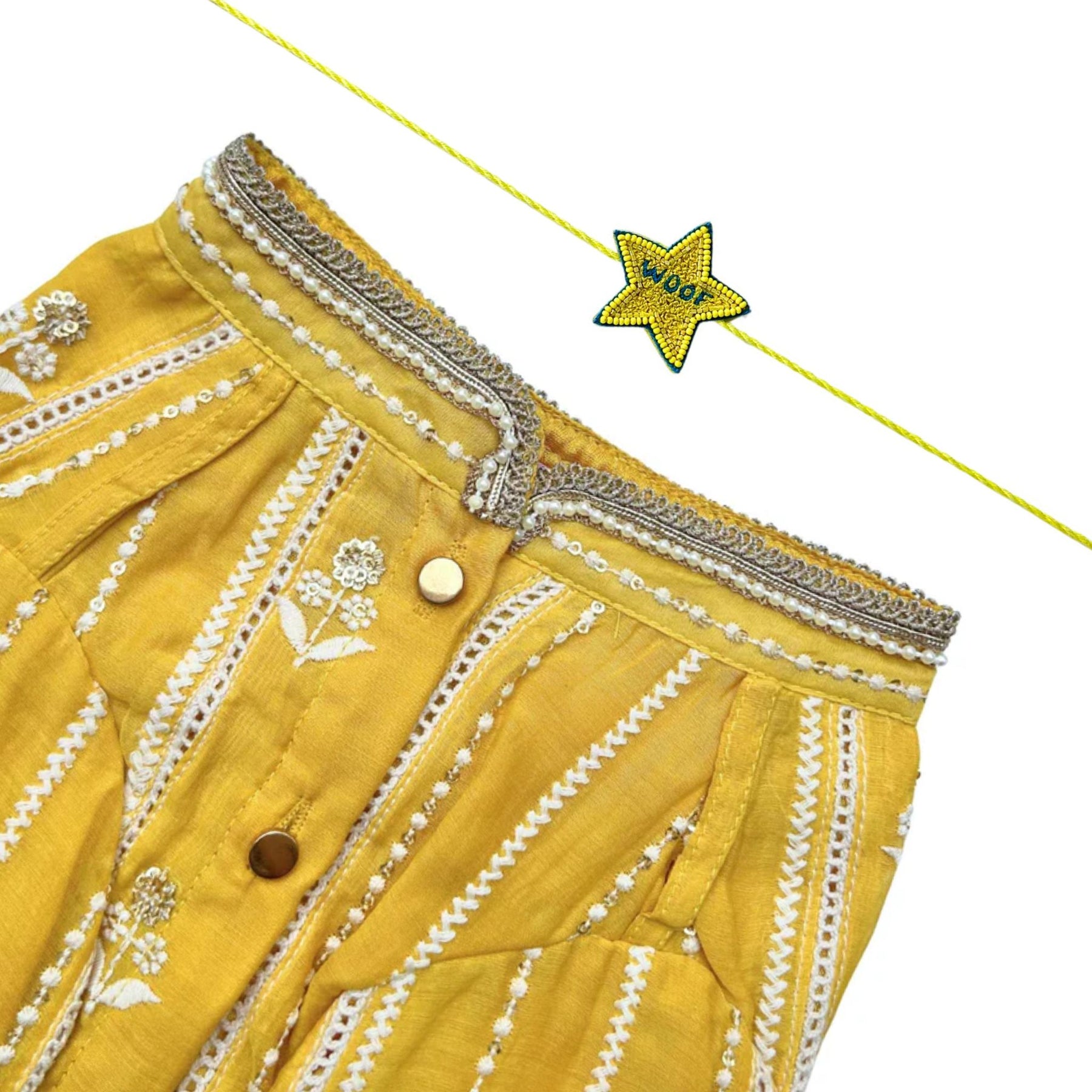 BRIGHT YELLOW CHIKANKARI GOTA PATTI KURTA + STAR WOOFRAKHI FOR DOGS AND CATS