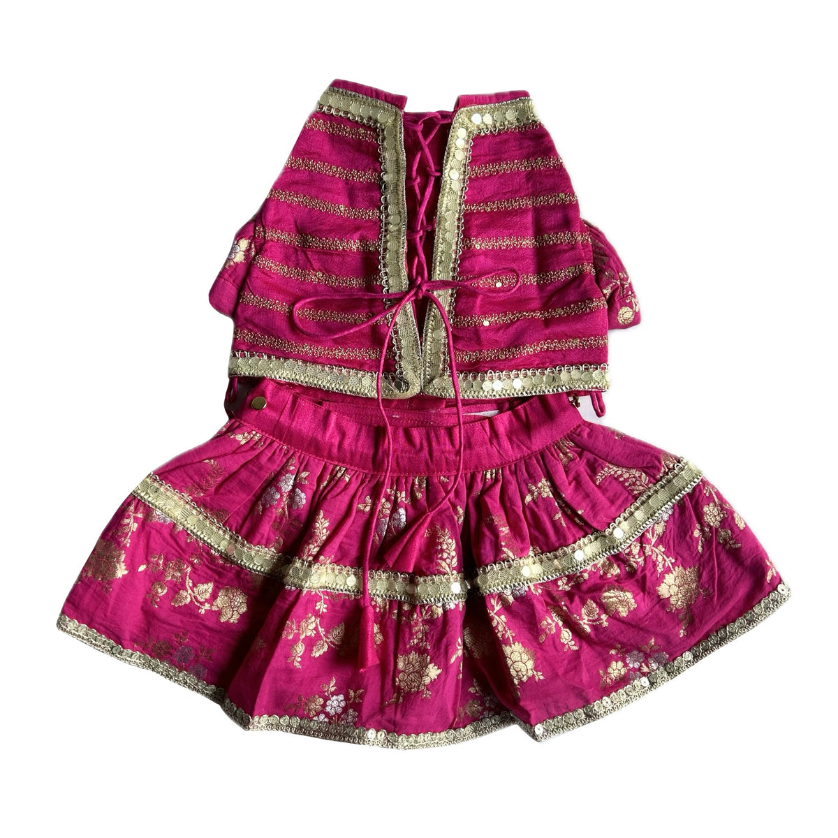 MAGENTA PINK BROCADE MIRROR WORK DOG LEHENGA