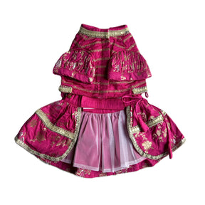 MAGENTA PINK BROCADE MIRROR WORK DOG LEHENGA