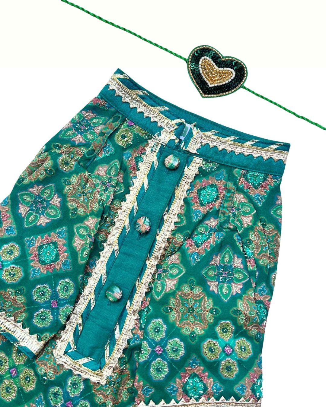 BOTTLE GREEN PATIALA MOTIF DOG KURTA+EMERALD GREEN BONE RAKHI FOR DOGS AND CATS