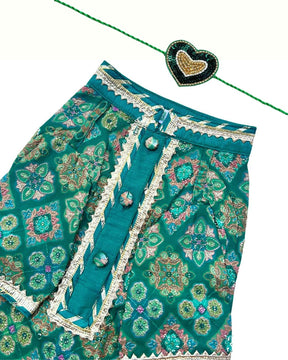 BOTTLE GREEN PATIALA MOTIF DOG KURTA+EMERALD GREEN BONE RAKHI FOR DOGS AND CATS