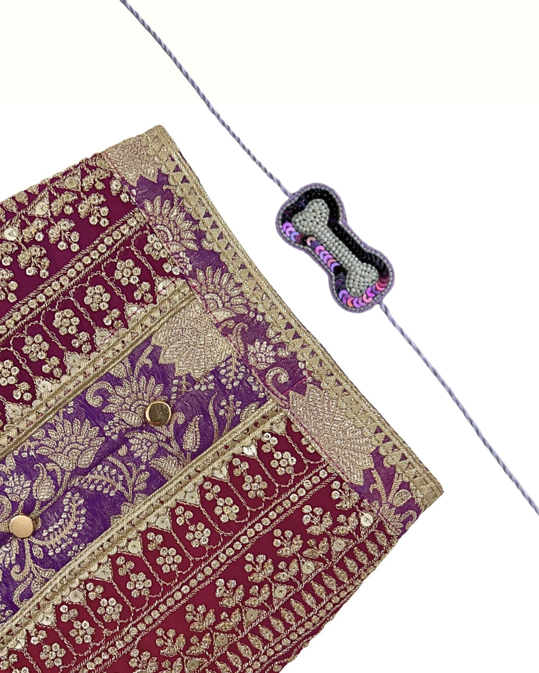 PURPLE BROCADE ZARI EMBROIDERD WAISTCOAT STYLE KURTA+PURPLE PEARL RAKHI FOR DOGS AND CATS