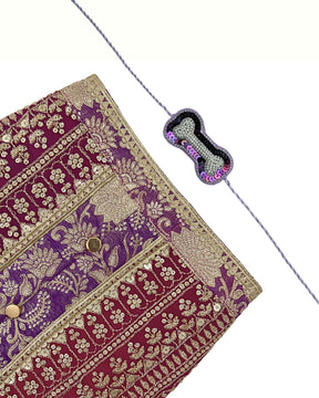 PURPLE BROCADE ZARI EMBROIDERD WAISTCOAT STYLE KURTA+PURPLE PEARL RAKHI FOR DOGS AND CATS