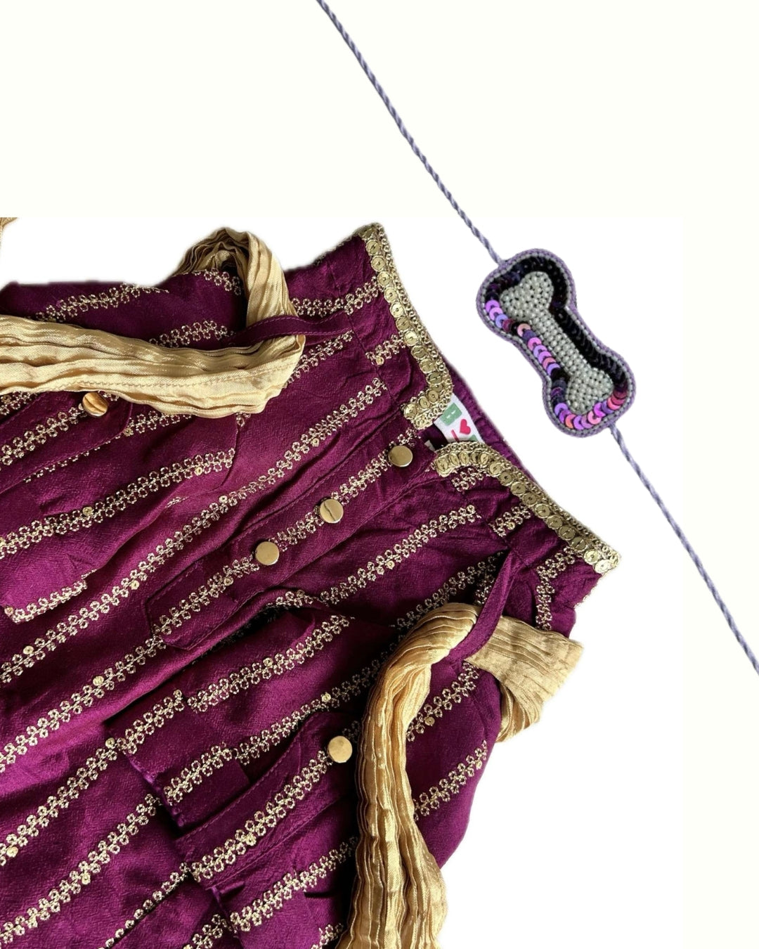 PURPLE ZARI WORK DOG KURTA+PURPLE PEARL RAKHI FOR DOGS AND CATS
