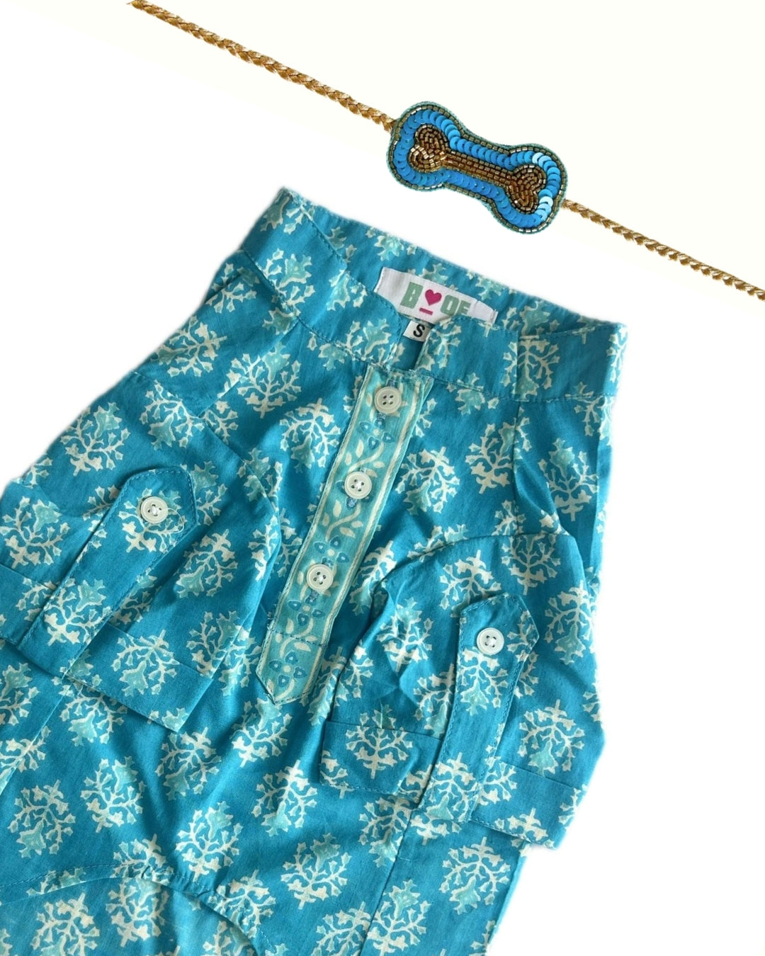 BLUE COTTON BUTA DOG KURTA+BLUE BONE RAKHI FOR DOGS AND CATS