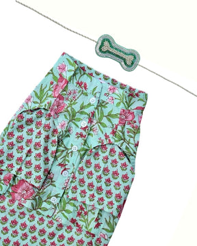 AQUA BLUE FLORAL WAISTCOAT KURTA+AQUA GREEN PEARL BONE RAKHI FOR DOGS AND CATS