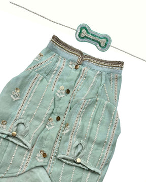 MINT GREEN CHIKANKARI GOTA PATTI KURTA+AQUA GREEN PEARL BONE RAKHI FOR DOGS AND CATS