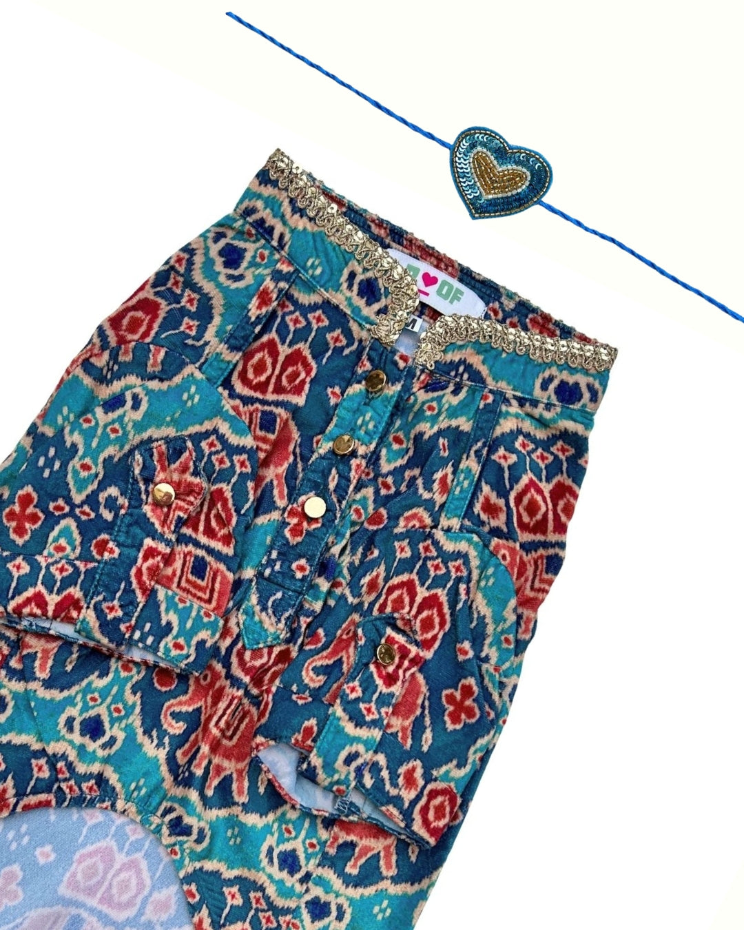 TEAL BLUE IKAT VELVET KURTA FOR DOGS AND CATS + BLUE HEART RAKHI FOR DOGS AND CATS