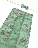 PASTEL GREEN GOTA EMBROIDERY WAISTCOAT STYLE DOG KURTA+AQUA GREEN PEARL BONE RAKHI FOR DOGS AND CATS