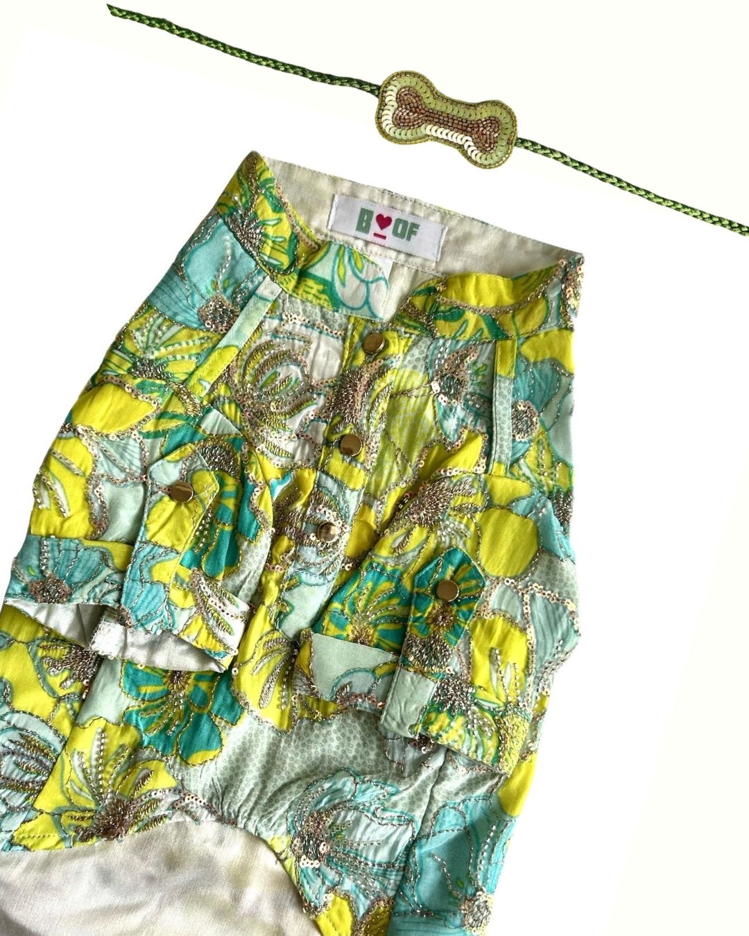 GREEN FLOWER BOUQUET HAND EMBROIDERED DOG KURTA+LIGHT GREEN BONE RAKHI FOR DOGS AND CATS