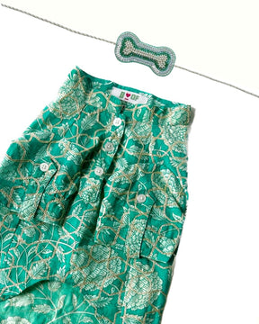 GREEN GARLAND GOTA DOG KURTA+AQUA GREEN PEARL BONE RAKHI FOR DOGS AND CATS