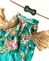 GREEN FLORAL ZARI DOG KURTA+EMERALD GREEN BONE RAKHI FOR DOGS AND CATS