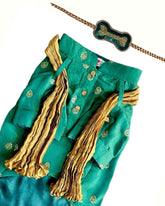 BOTTLE GREEN TISSUE BUTI DOG KURTA+EMERALD GREEN BONE RAKHI FOR DOGS AND CATS