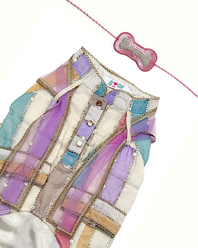 OFF-WHITE MULTICOLOURED STRIPE KURTA+LIGHT PINK PEARL RAKHI FOR DOGS AND CATS
