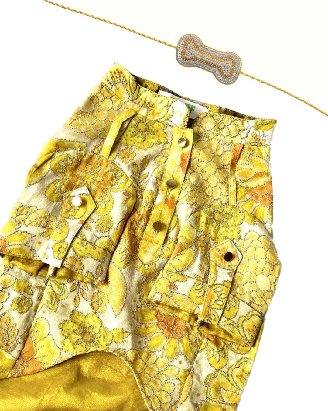 YELLOW BLOSSOM DOG KURTA+SILVER YELLOW PEARL BONE RAKHI FOR DOGS AND CATS