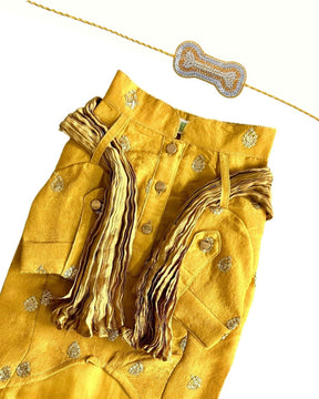 MUSTARD YELLOW TISSUE BUTI DOG KURTA+SILVER YELLOW PEARL BONE RAKHI FOR DOGS AND CATS