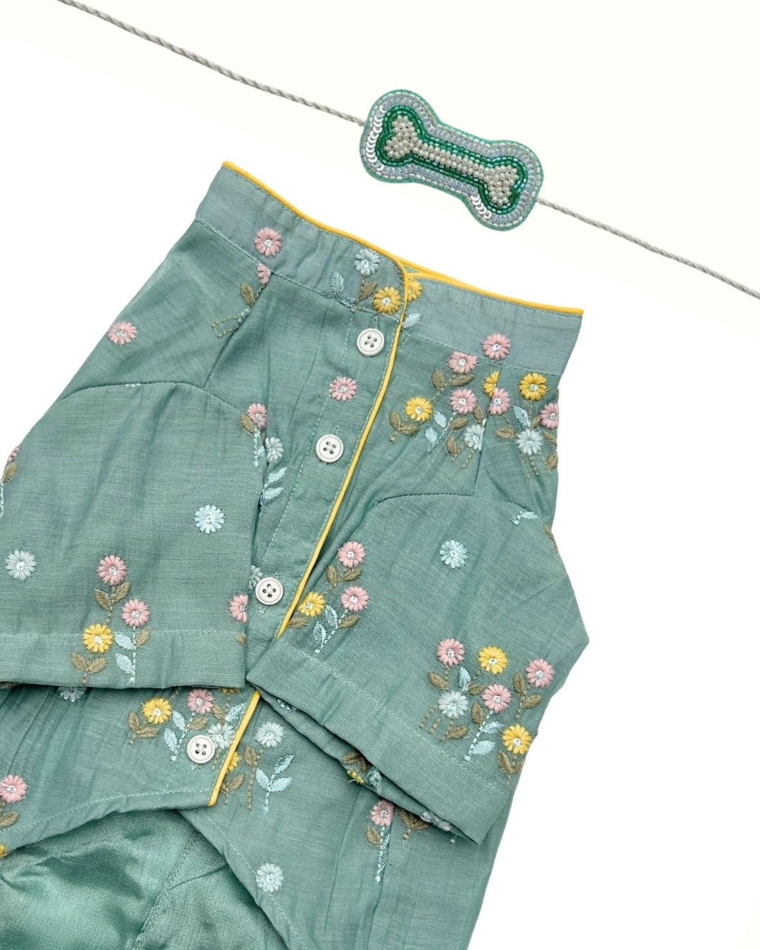 TEAL BLUE FLOWER EMBROIDERED DOG KURTA+AQUA GREEN PEARL BONE RAKHI FOR DOGS AND CATS