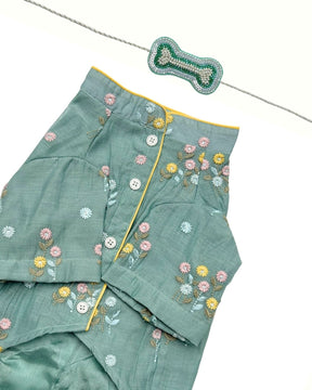TEAL BLUE FLOWER EMBROIDERED DOG KURTA+AQUA GREEN PEARL BONE RAKHI FOR DOGS AND CATS