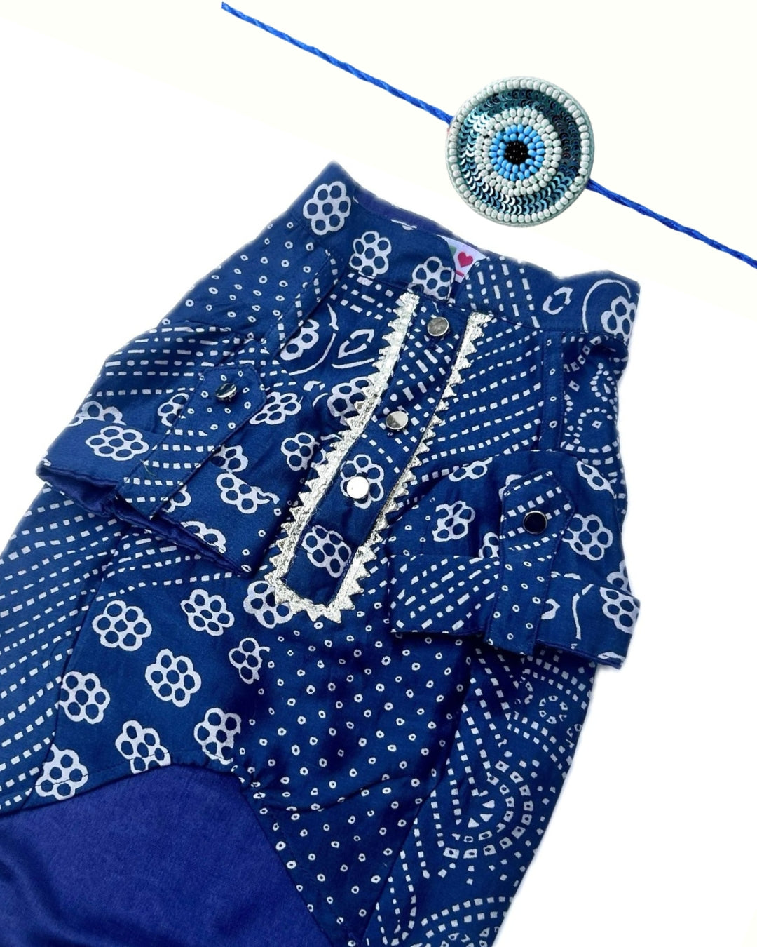 BLUE PATHANI DOG KURTA+EVIL EYE RAKHI FOR DOGS AND CATS
