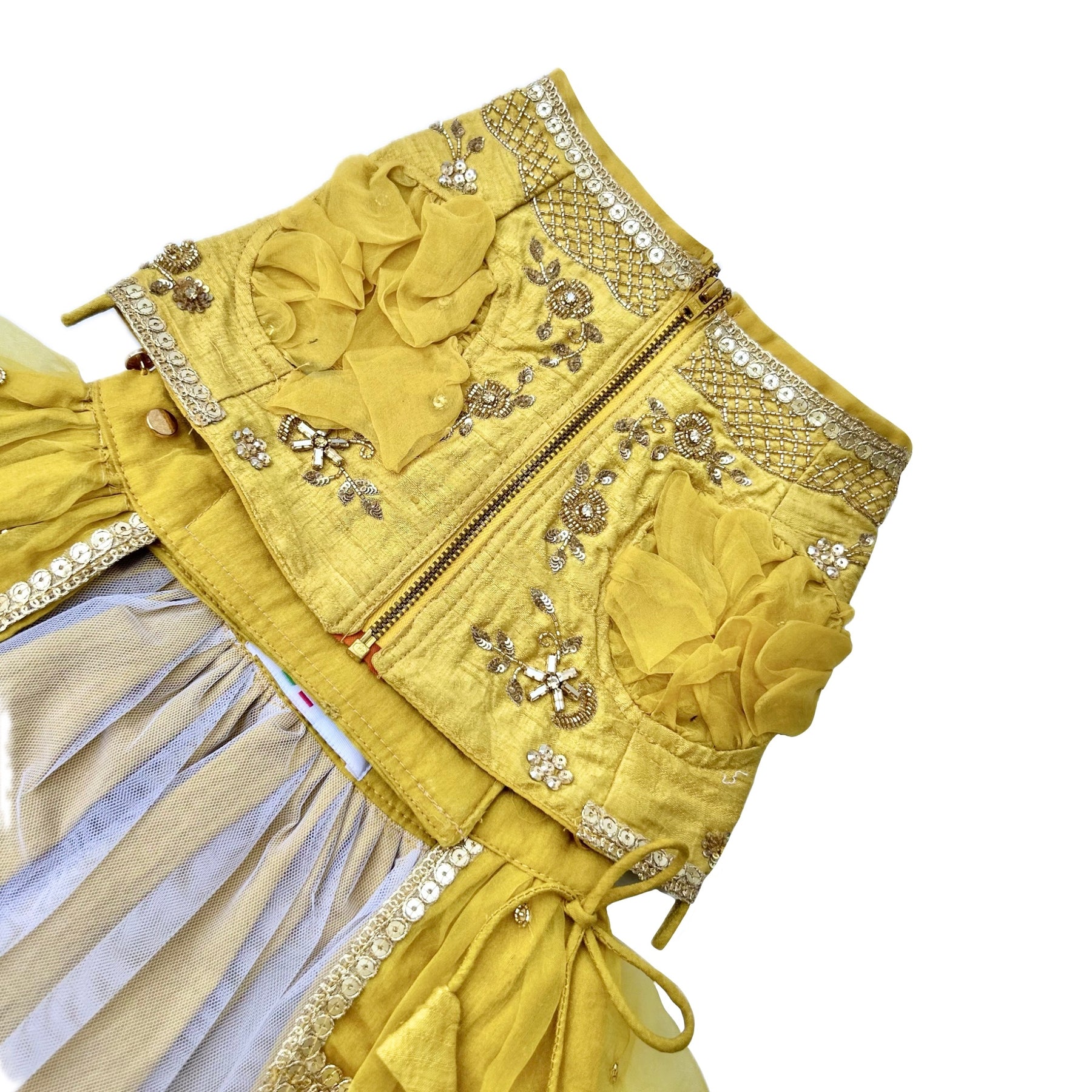 YELLOW HAND EMBROIDERED GOLD FLOWERS DOG LEHENGA