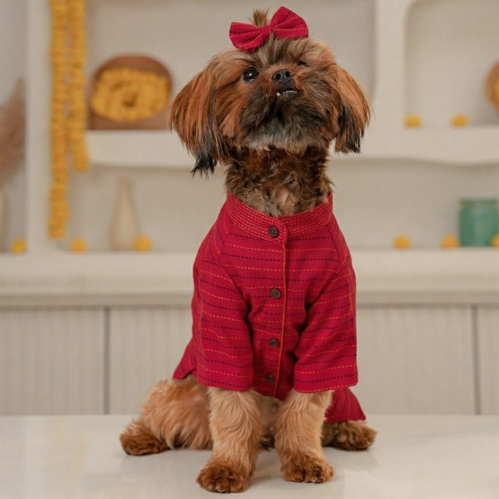 CRIMSON RED JAMDANI HANDWOVEN HARNESS KURTA FOR DOGS AND CATS