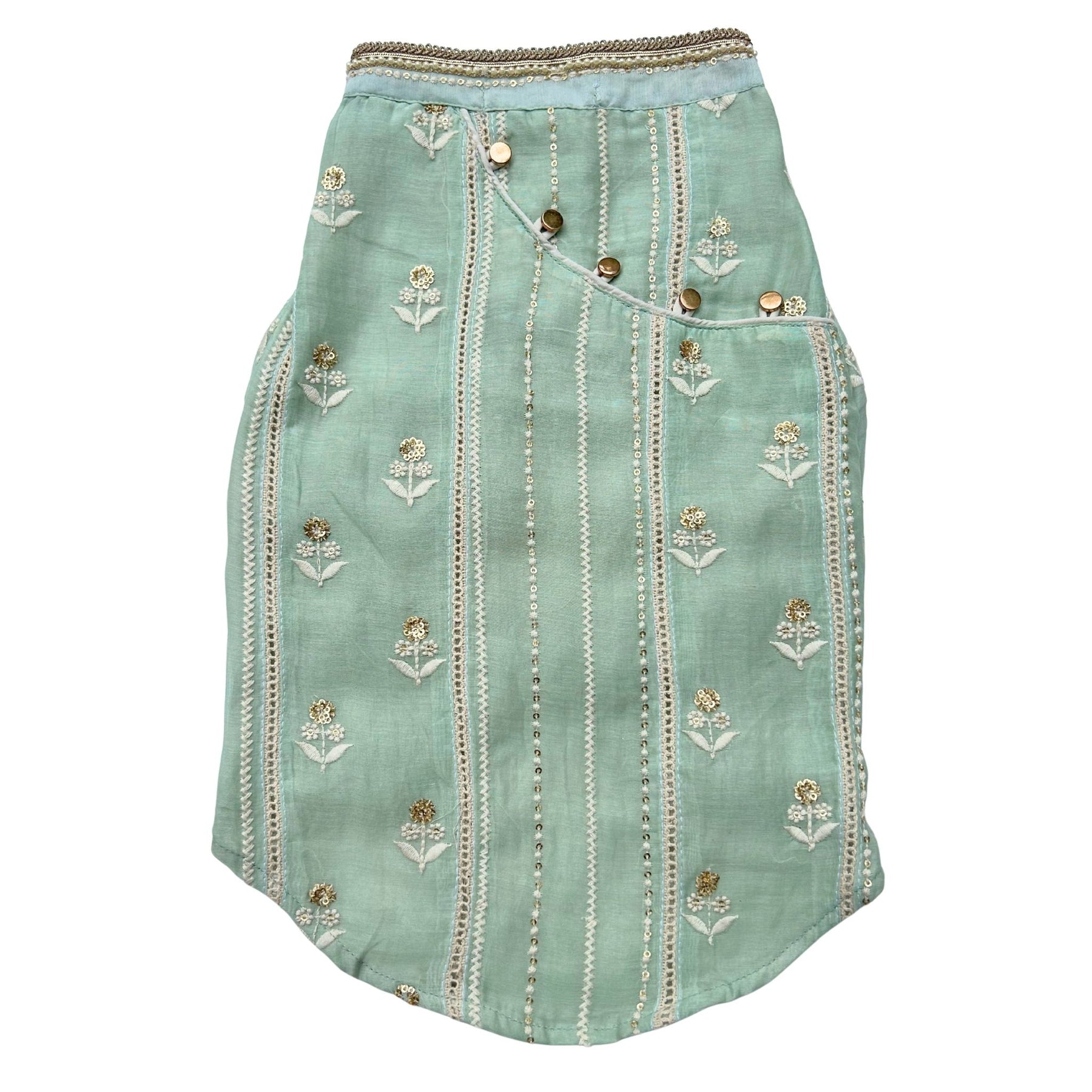 MINT GREEN CHIKANKARI GOTA PATTI KURTA+AQUA GREEN PEARL BONE RAKHI FOR DOGS AND CATS