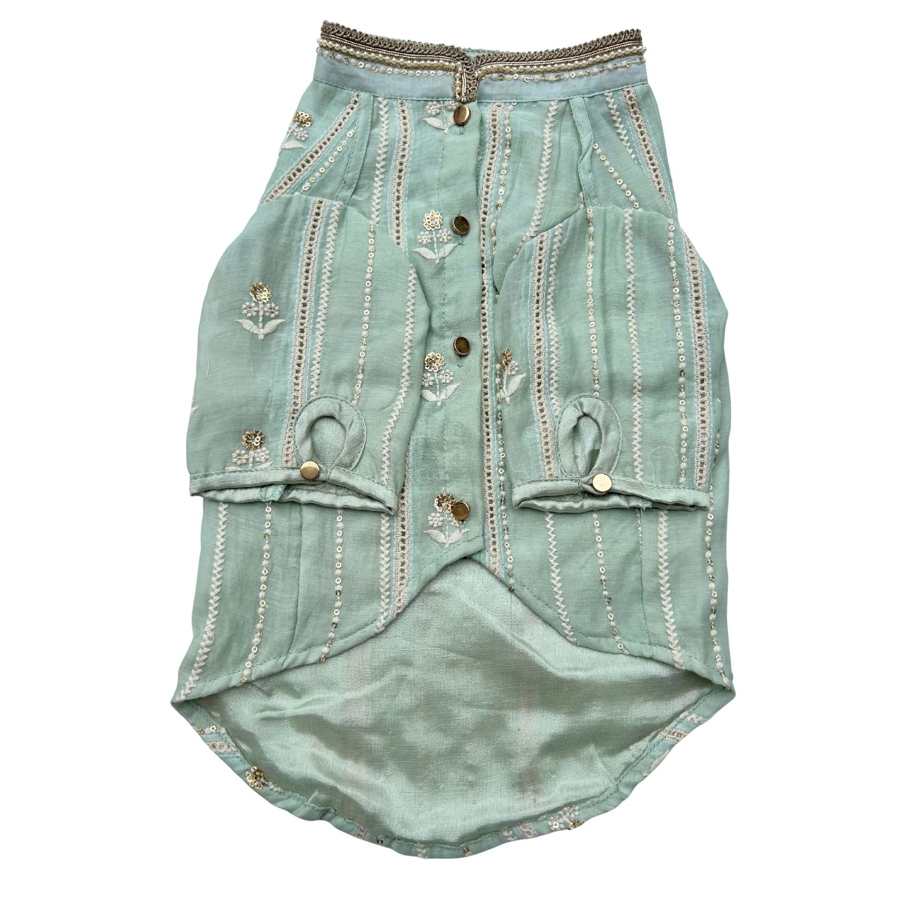 MINT GREEN CHIKANKARI GOTA PATTI KURTA+AQUA GREEN PEARL BONE RAKHI FOR DOGS AND CATS