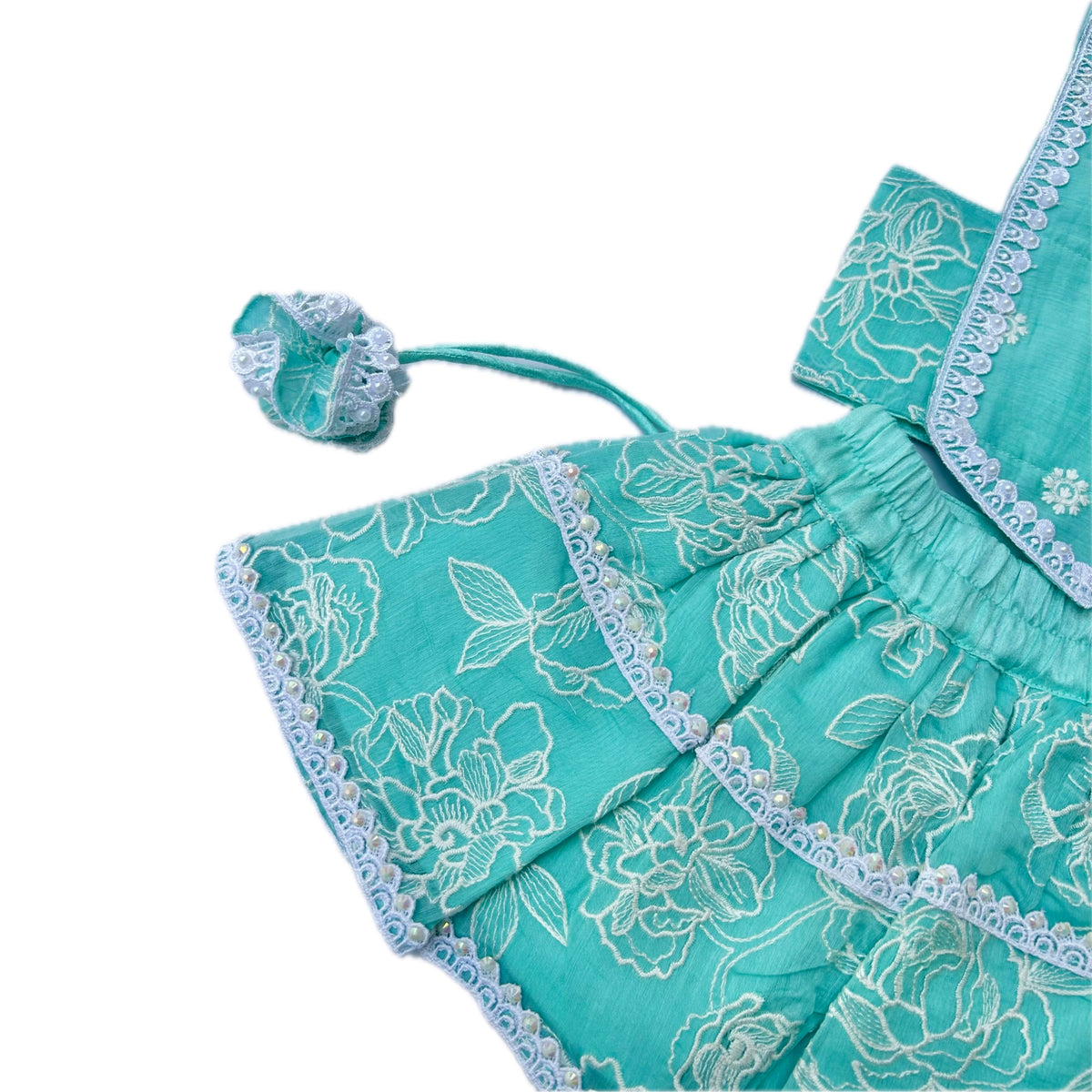 AQUA GREEN OFF-WHITE EMBROIDERY DOG LEHENGA