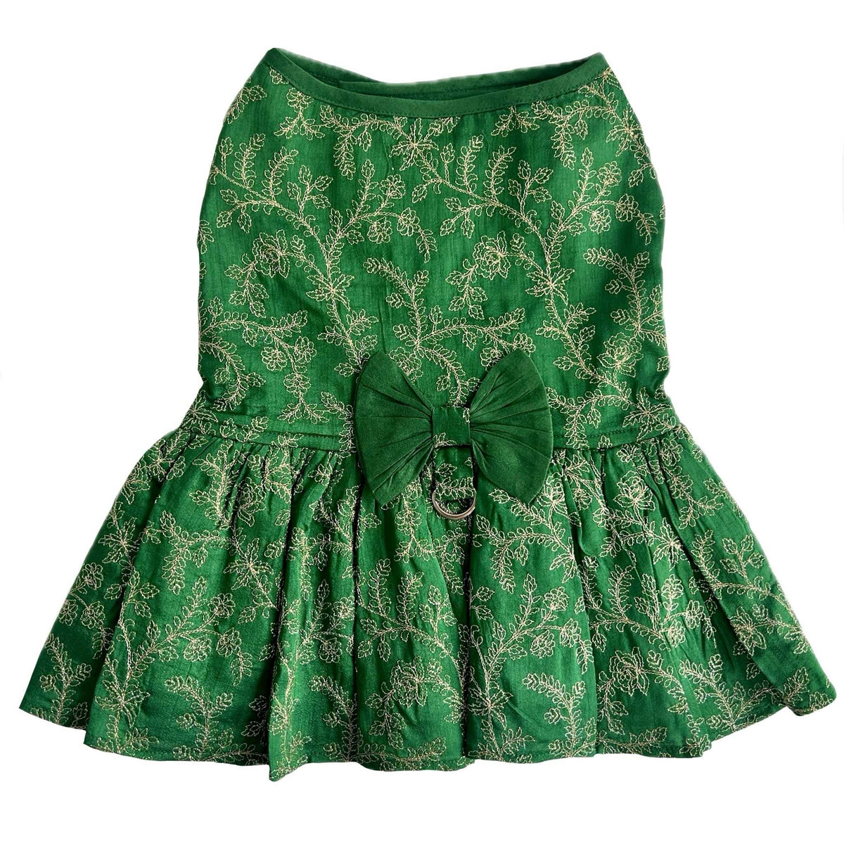 GREEN HARNESS STYLE DRESS + HEART RAKHI FOR DOGS AND CATS