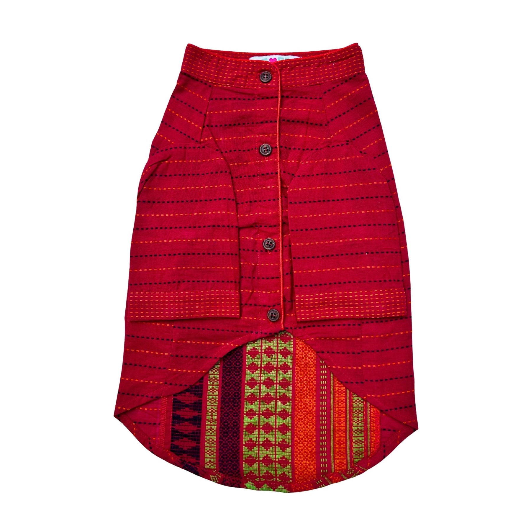 CRIMSON RED JAMDANI HANDWOVEN HARNESS KURTA + RED BONE RAKHI FOR DOGS AND CATS