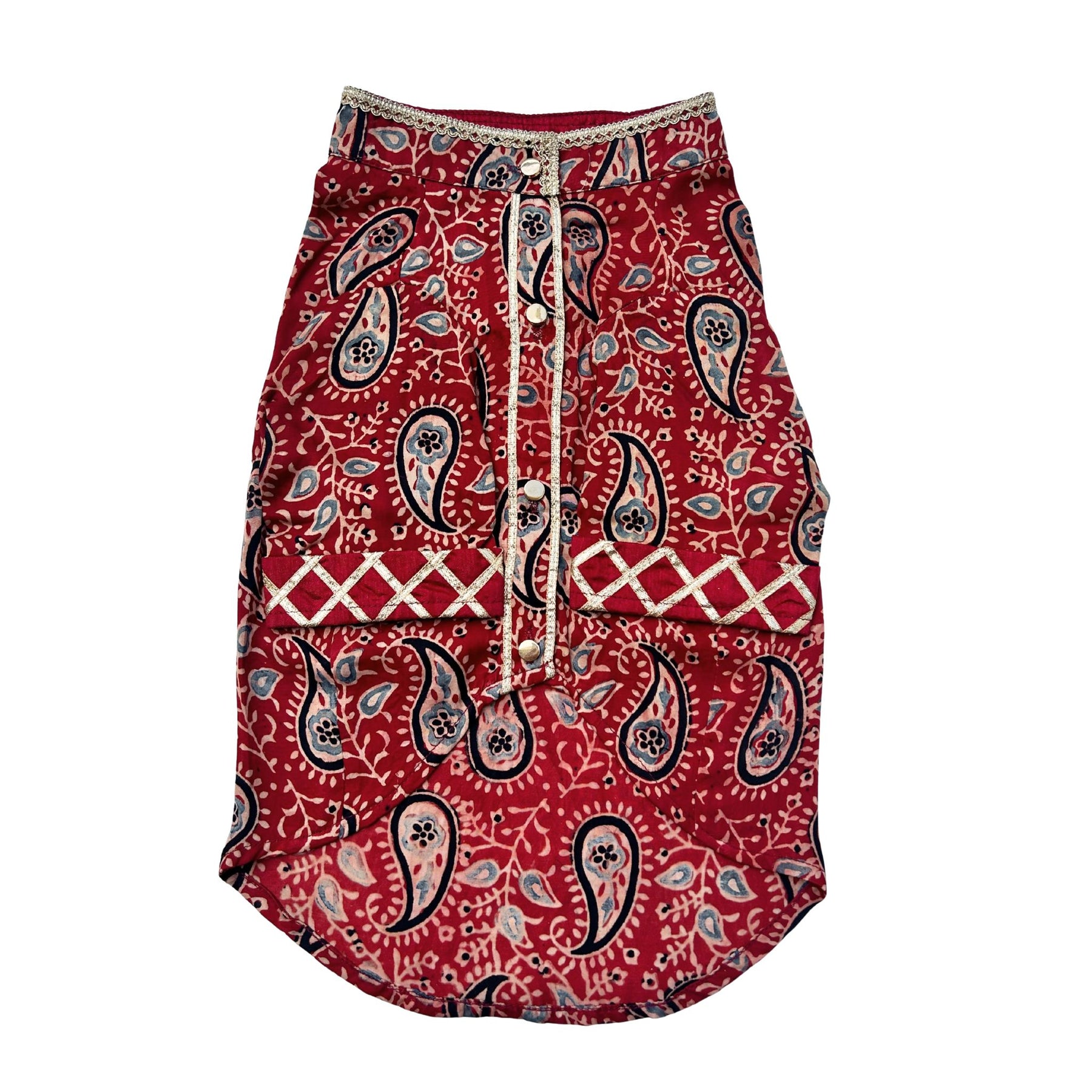 MAROON AJRAKH BUTI PRINT KURTA + RED BONE RAKHI FOR DOGS AND CATS