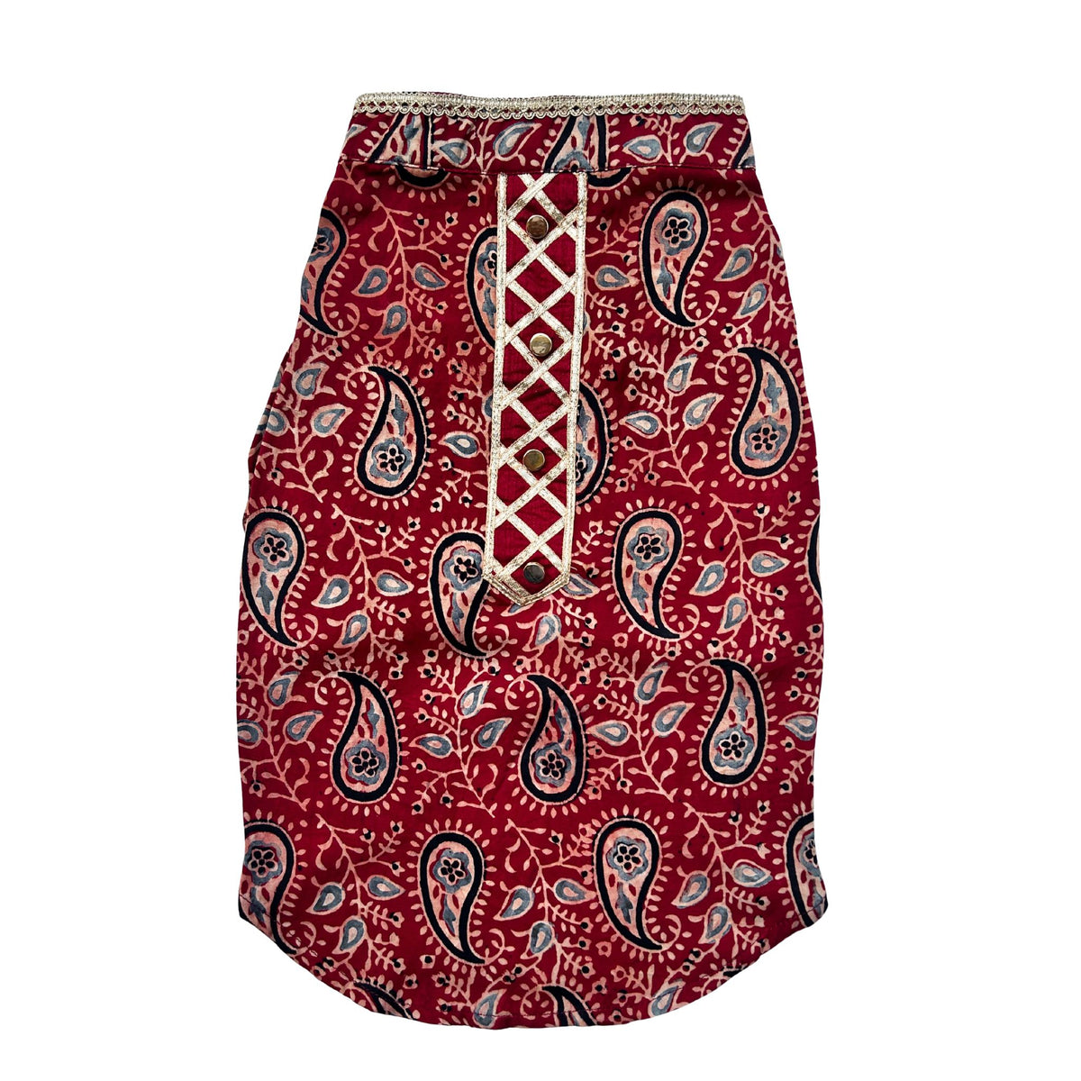 MAROON AJRAKH BUTI PRINT KURTA + RED BONE RAKHI FOR DOGS AND CATS