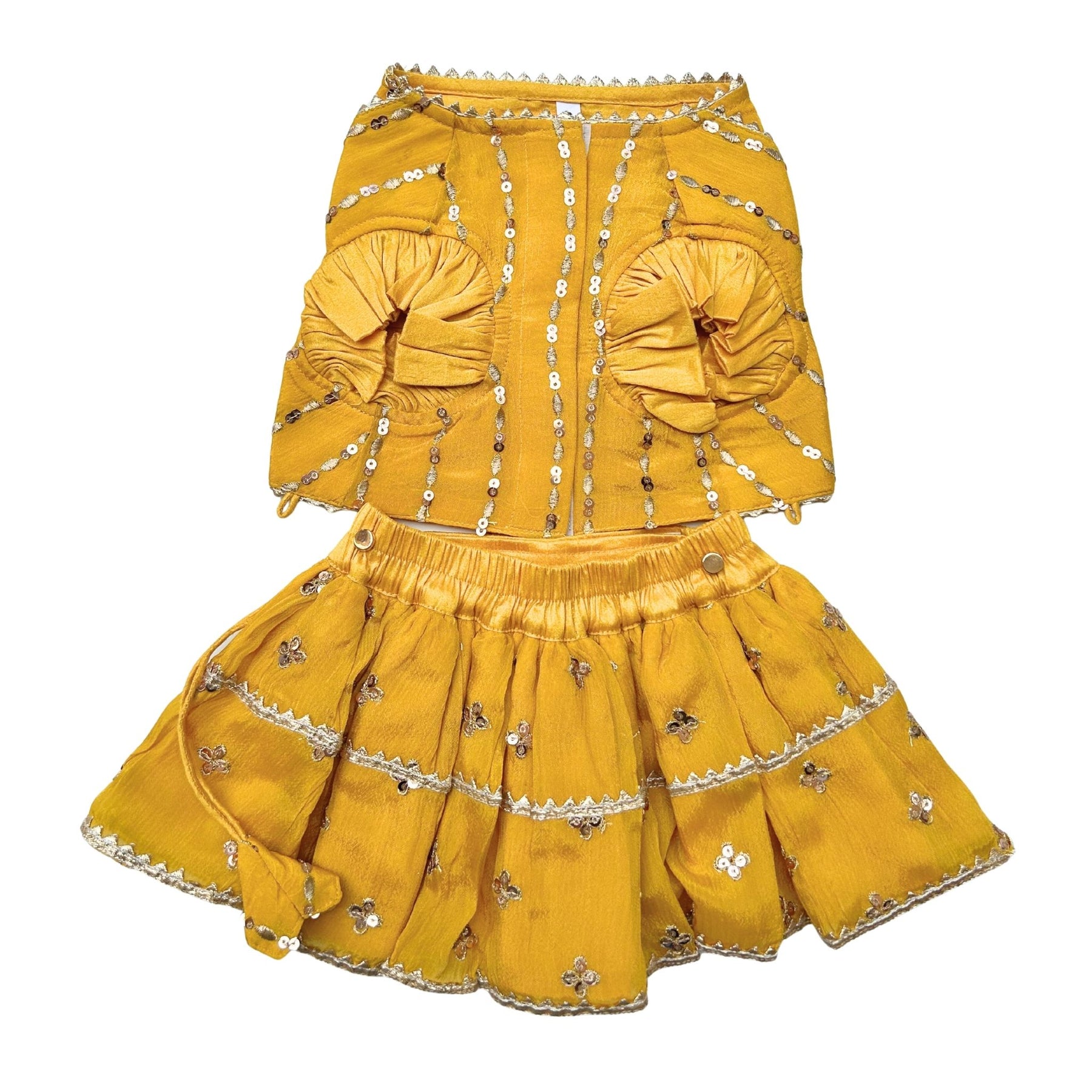 YELLOW FESTIVE ZARI BUTI LEHENGA + SILVER YELLOW PEARL RAKHI FOR DOGS AND CATS