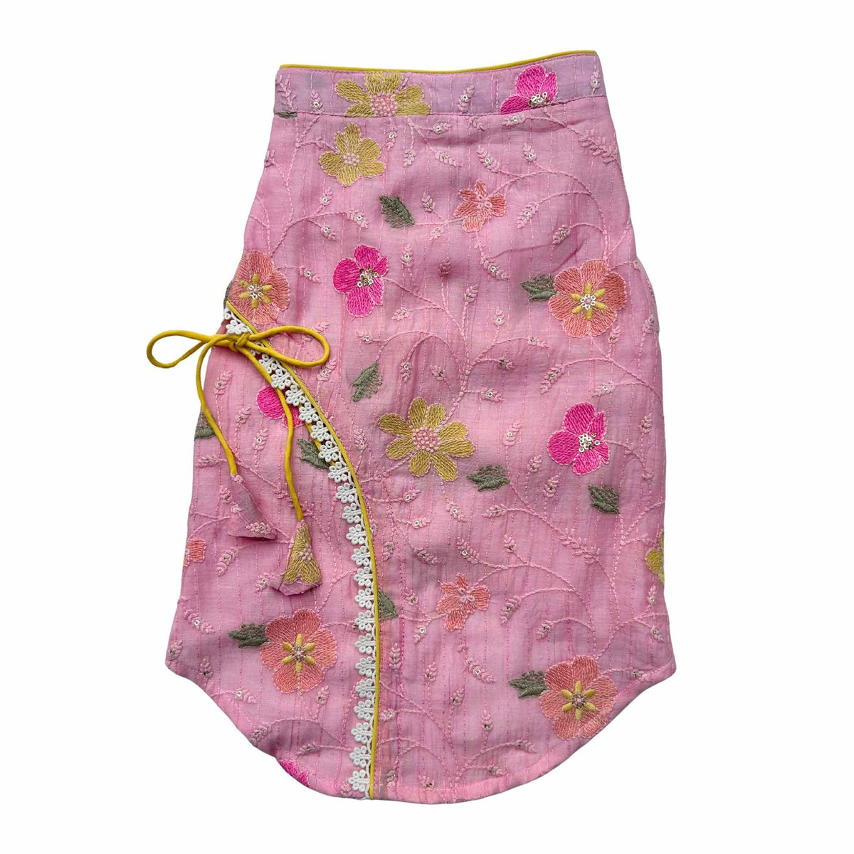 PASTEL PINK FLORAL THREAD EMBROIDERED KURTA+PINK WOOF PAW RAKHI FOR DOGS AND CATS