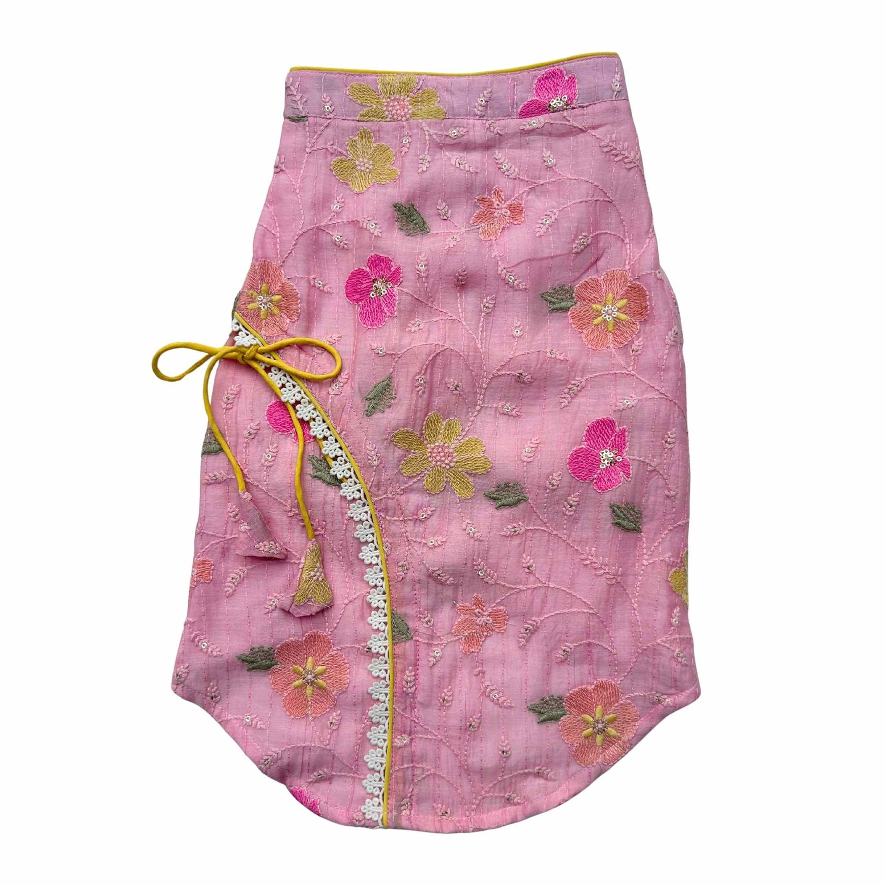 PASTEL PINK FLORAL THREAD EMBROIDERED KURTA+PINK WOOF PAW RAKHI FOR DOGS AND CATS