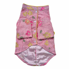 PASTEL PINK FLORAL THREAD EMBROIDERED KURTA+PINK WOOF PAW RAKHI FOR DOGS AND CATS