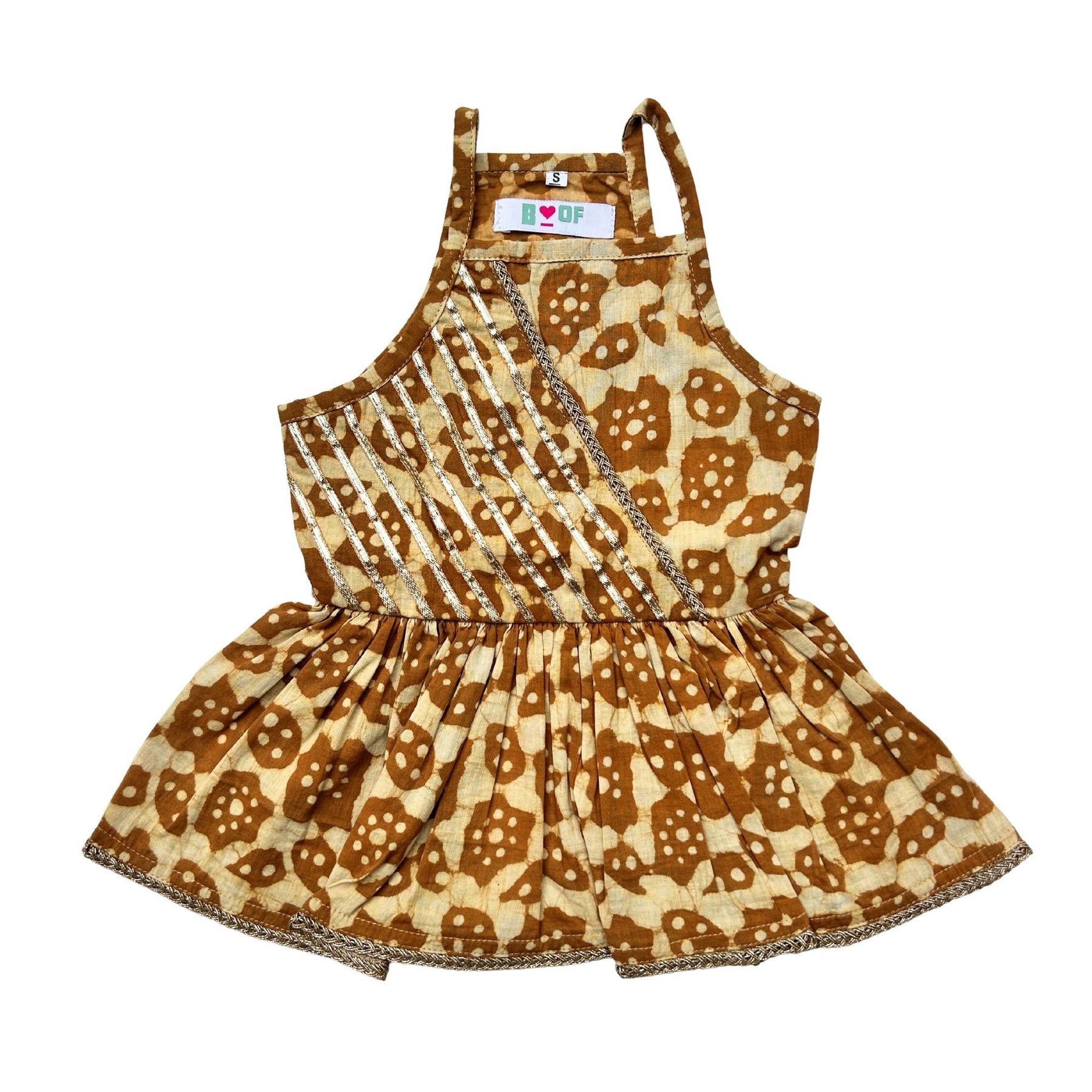 BROWN & BEIGE BATIK DRESS + SILVER YELLOW PEARL RAKHI FOR DOGS AND CATS