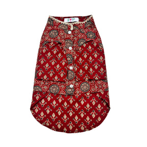 MAROON AJRAKH BUTI PRINT WAISTCOAT STYLE KURTA+ RED BONE RAKHI FOR DOGS AND CATS