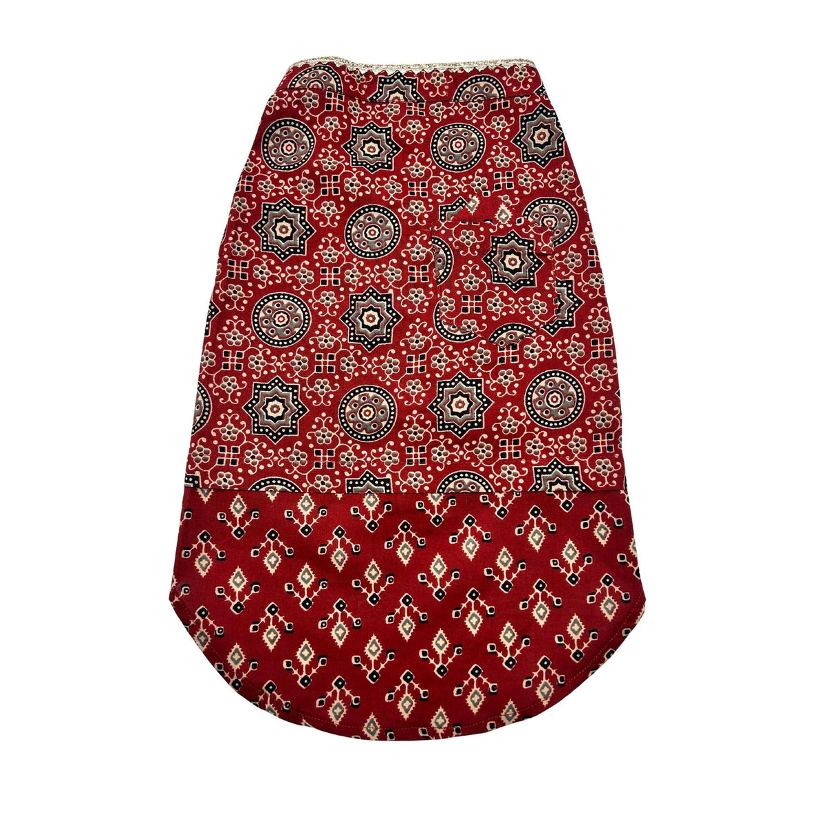 MAROON AJRAKH BUTI PRINT WAISTCOAT STYLE KURTA+ RED BONE RAKHI FOR DOGS AND CATS