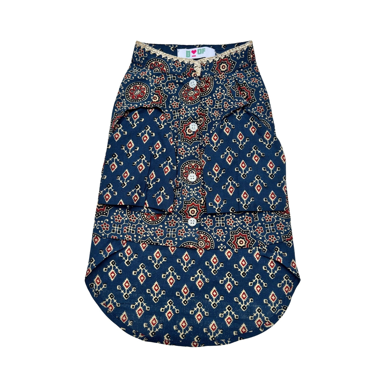 NAVY BLUE AJRAKH BUTI PRINT WAISTCOAT STYLE KURTA FOR DOGS AND CATS