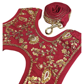 RED FLOWER LEAF HAND EMBROIDERED HARNESS + LEAF FOR DOGS AND CATS
