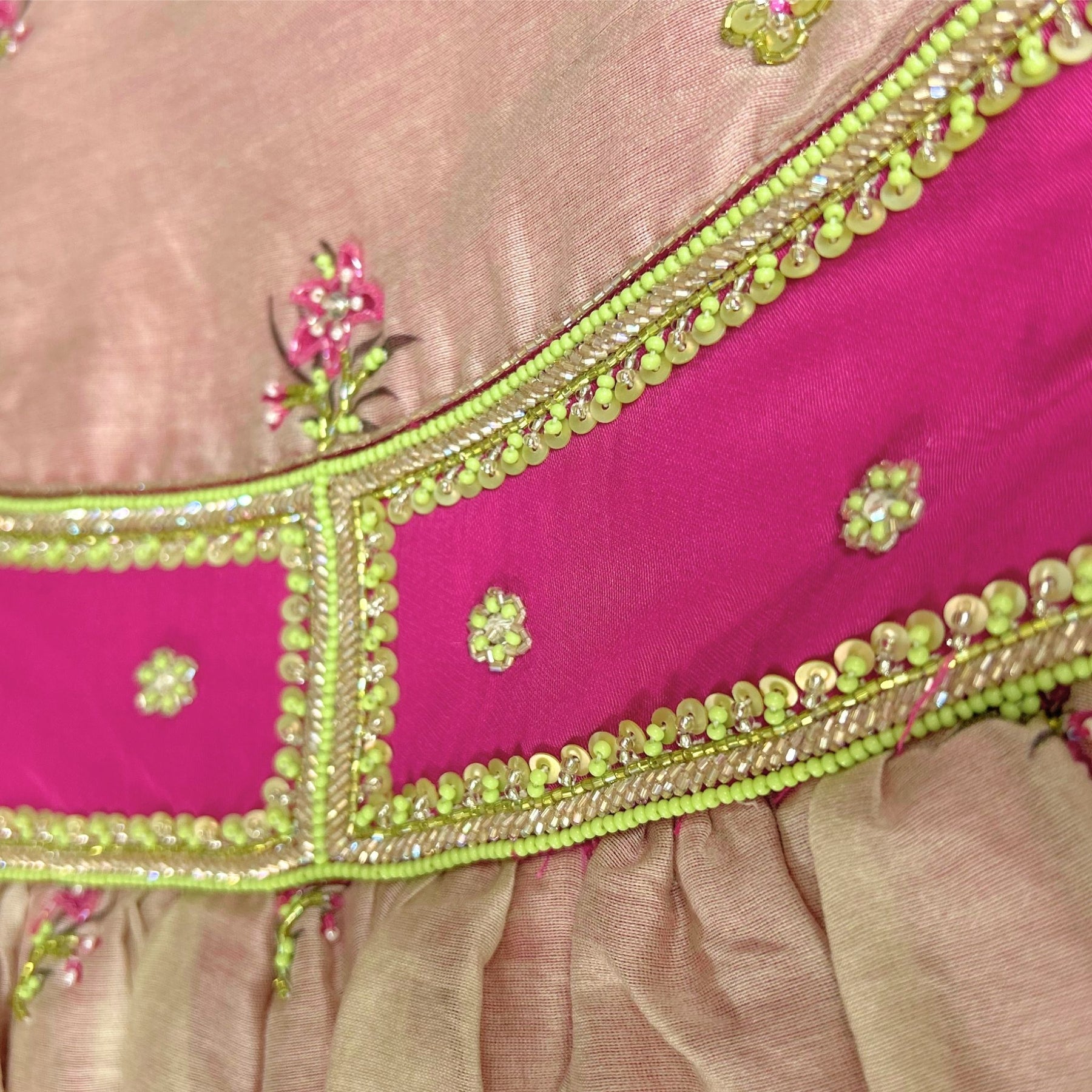 LIME GILDED PINK BLOSSOM HAND EMBROIDERED LEHENGA FOR DOGS AND CATS