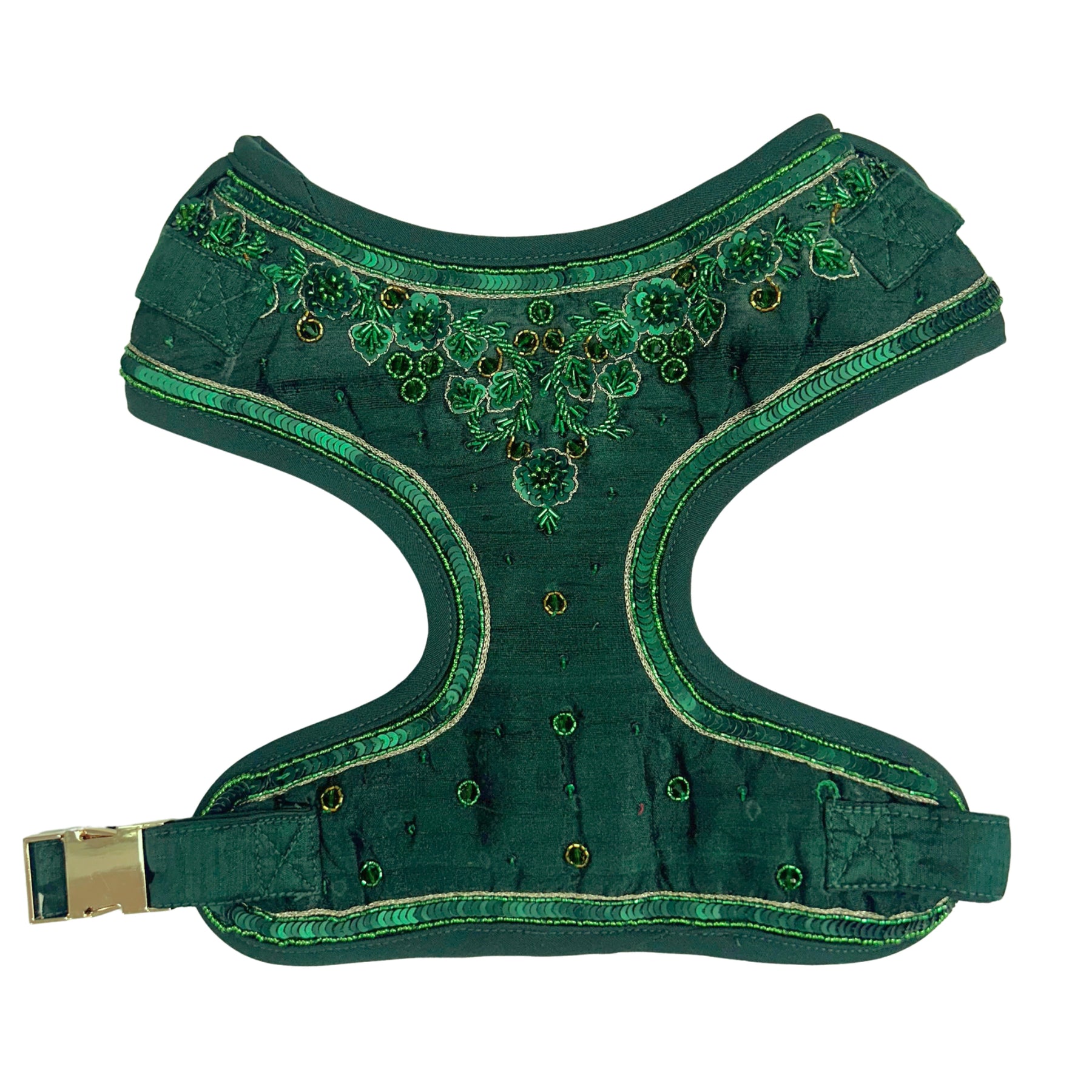 EMERALD GREEN GOLD STONE WORK HAND EMBROIDERED HARNESS + LEASH FOR DOGS AND CATS