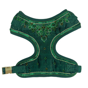 EMERALD GREEN GOLD STONE WORK HAND EMBROIDERED HARNESS + LEASH FOR DOGS AND CATS