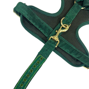 EMERALD GREEN GOLD STONE WORK HAND EMBROIDERED HARNESS + LEASH FOR DOGS AND CATS