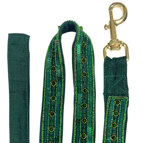 EMERALD GREEN GOLD STONE WORK HAND EMBROIDERED HARNESS + LEASH FOR DOGS AND CATS